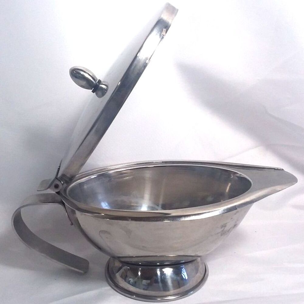 Vintage OGGI Stainless Steel Gravy Boat Server Double Wall Non-Drip Lip Lid
